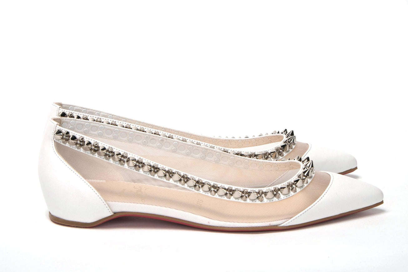 Christian Louboutin Bianco White silver Flat Point Toe Shoe - Ellie Belle