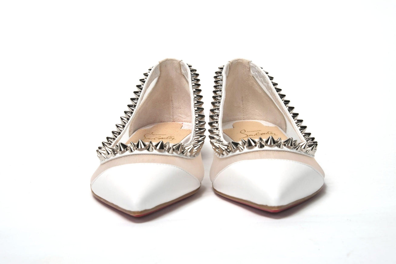 Christian Louboutin Bianco White silver Flat Point Toe Shoe - Ellie Belle