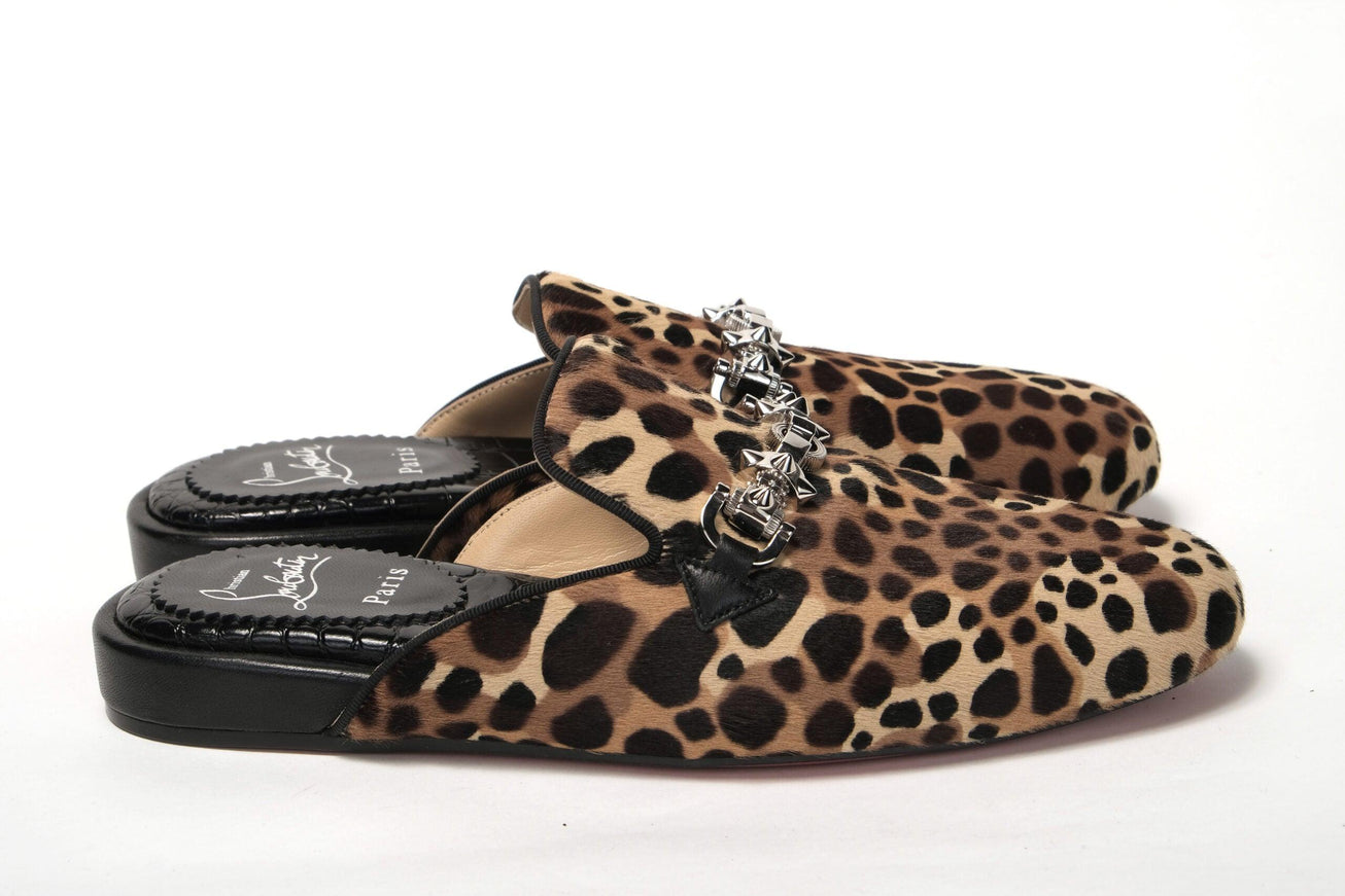 Christian Louboutin Black Brown Leapord Print Open Back Loafer - Ellie Belle