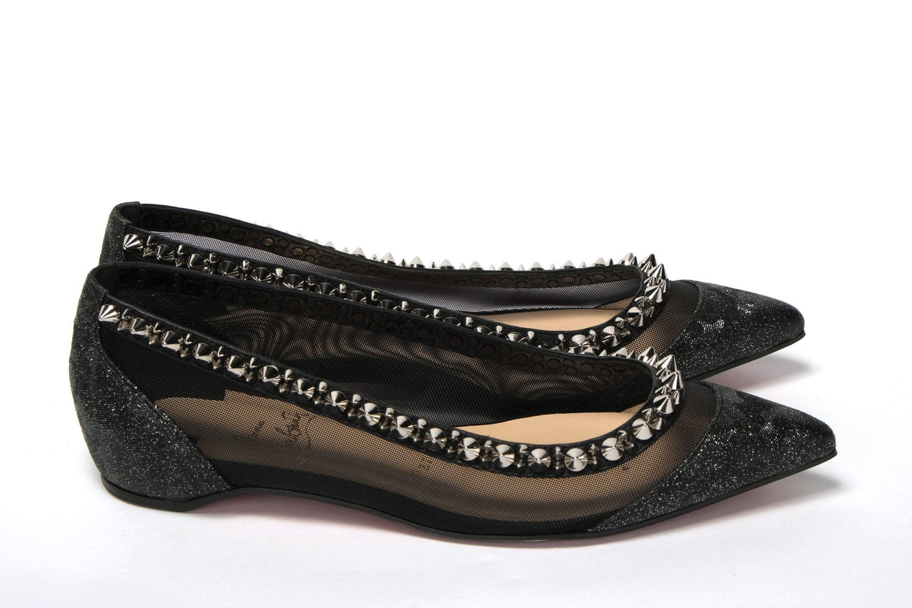 Christian Louboutin Black Silver Flat Point Toe Shoe - Ellie Belle