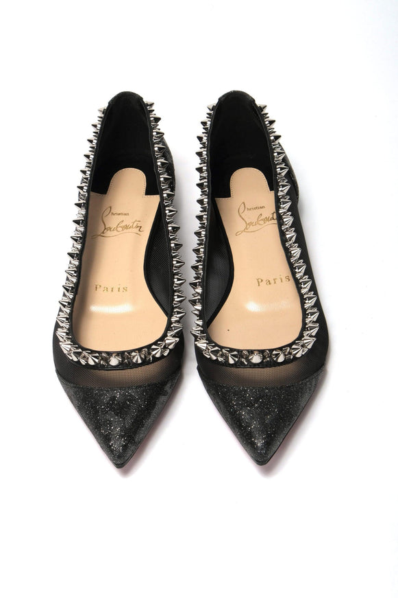 Christian Louboutin Black Silver Flat Point Toe Shoe - Ellie Belle