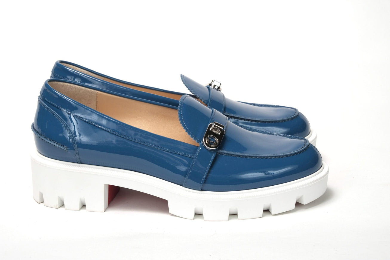 Christian Louboutin Blue And White Silver Logo Lock Boat Shoe - Ellie Belle