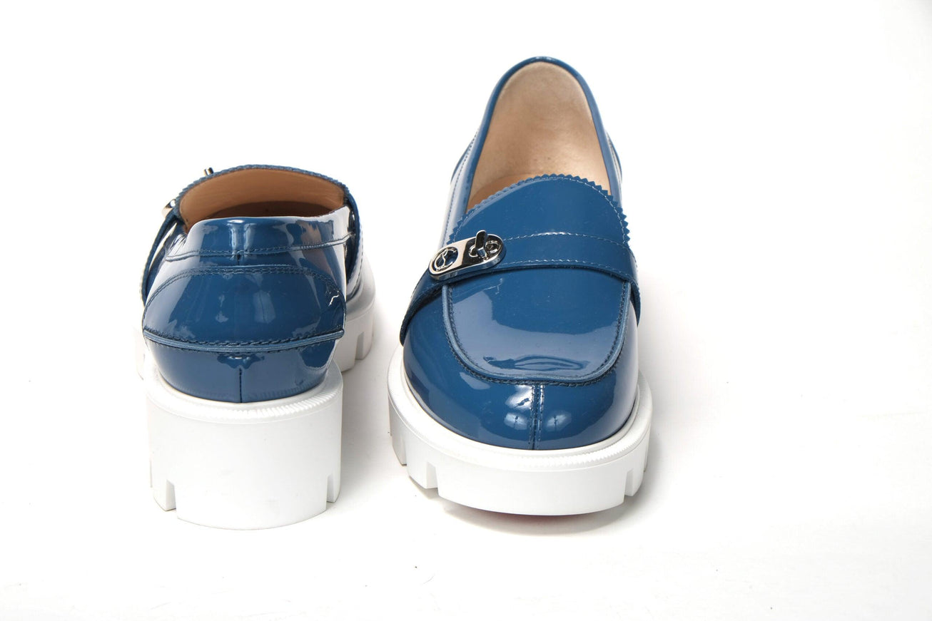 Christian Louboutin Blue And White Silver Logo Lock Boat Shoe - Ellie Belle