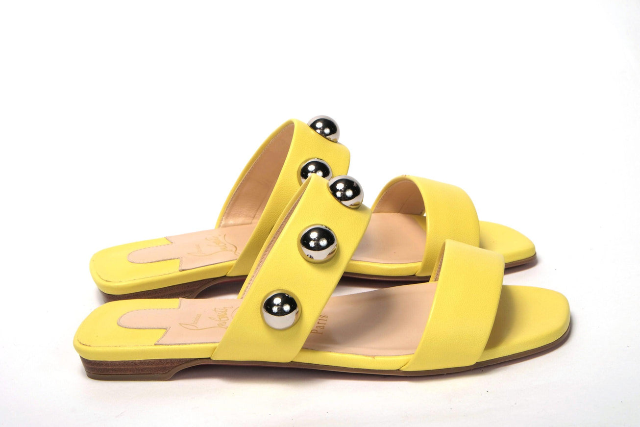 Christian Louboutin Bright Yellow Silver Wide Strap Studded Flat - Ellie Belle