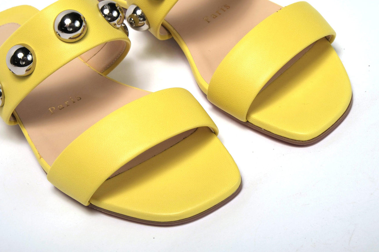 Christian Louboutin Bright Yellow Silver Wide Strap Studded Flat - Ellie Belle