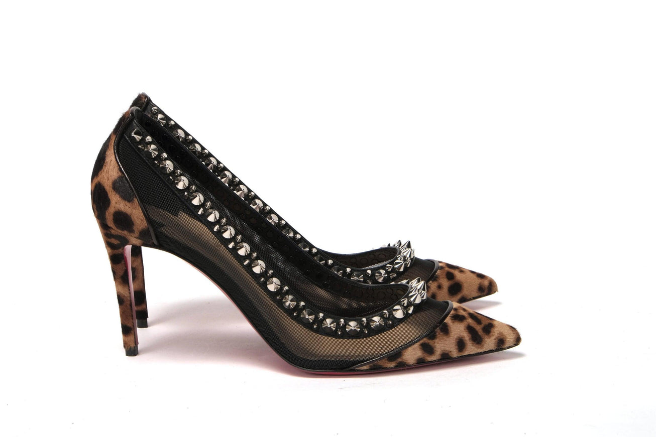 Christian Louboutin Brown Silver Leopard  Nappa And Mesh Studded High Heels Pumps - Ellie Belle