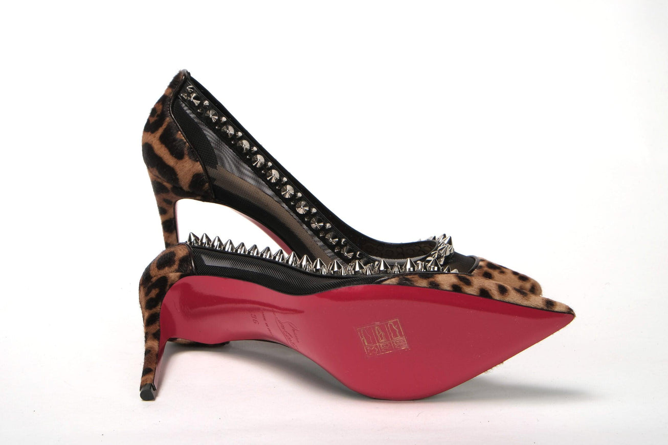 Christian Louboutin Brown Silver Leopard  Nappa And Mesh Studded High Heels Pumps - Ellie Belle