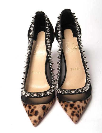 Christian Louboutin Brown Silver Leopard  Nappa And Mesh Studded High Heels Pumps - Ellie Belle