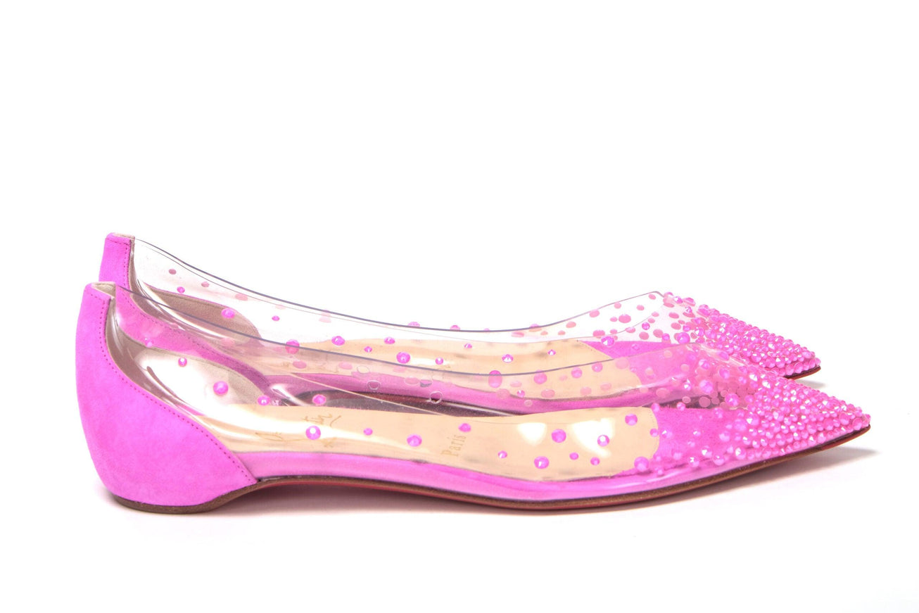 Christian Louboutin Hot Pink Suede Crystals Flat Point Toe Shoe - Ellie Belle