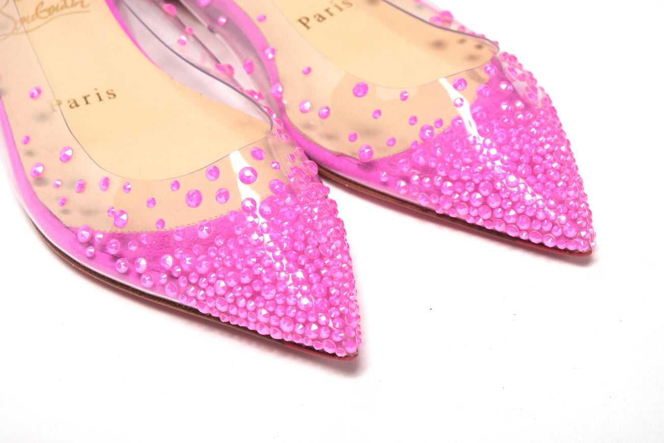 Christian Louboutin Hot Pink Suede Crystals Flat Point Toe Shoe - Ellie Belle