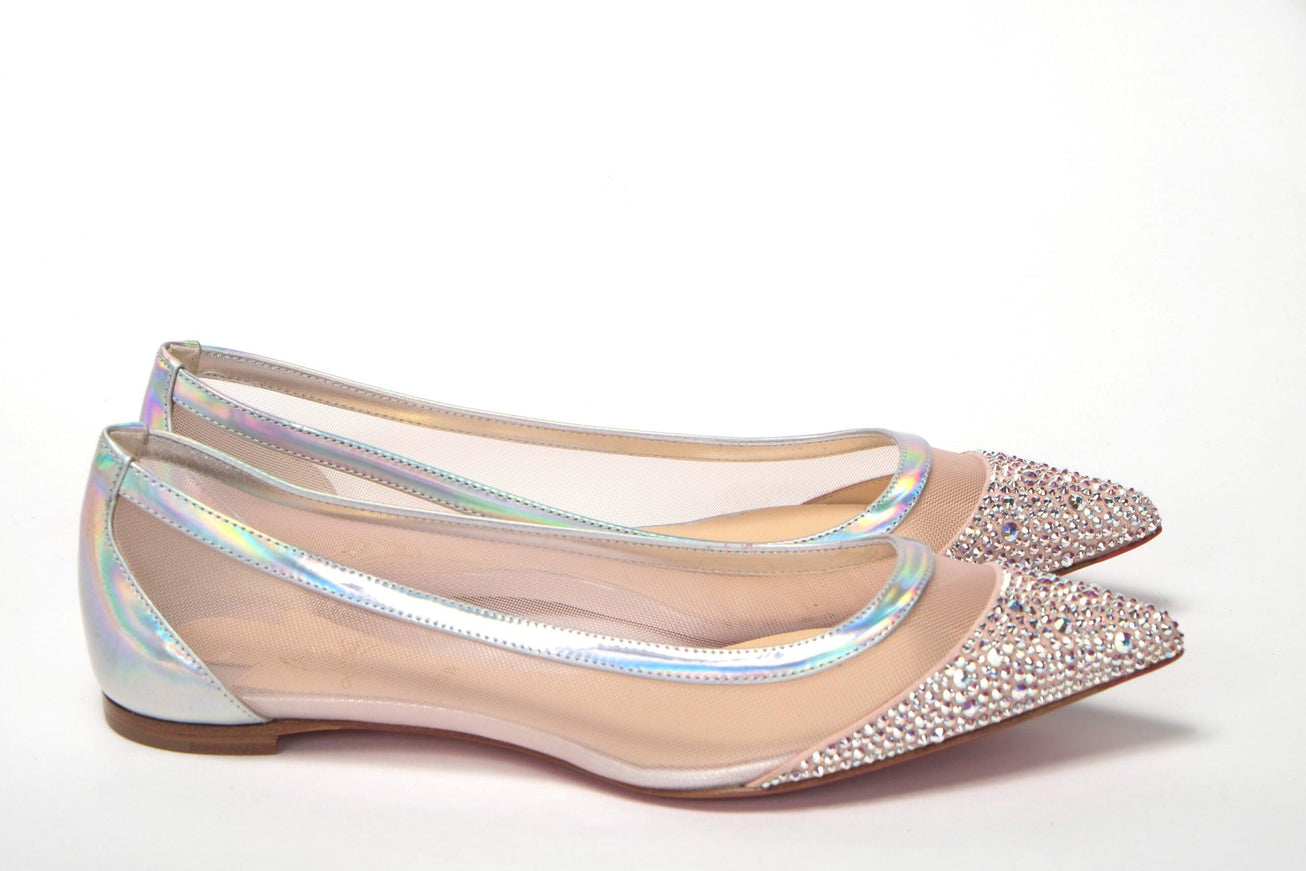 Christian Louboutin Silver Rose Flat Point Crystals Toe Shoe - Ellie Belle