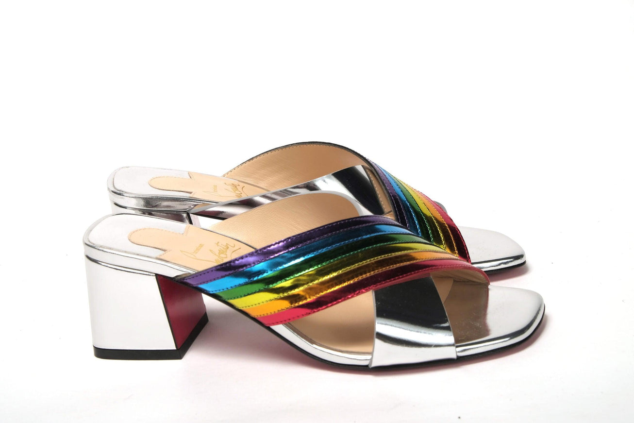 Christian Louboutin Silver Silver And Rainbow Stripe Mule Sandal - Ellie Belle