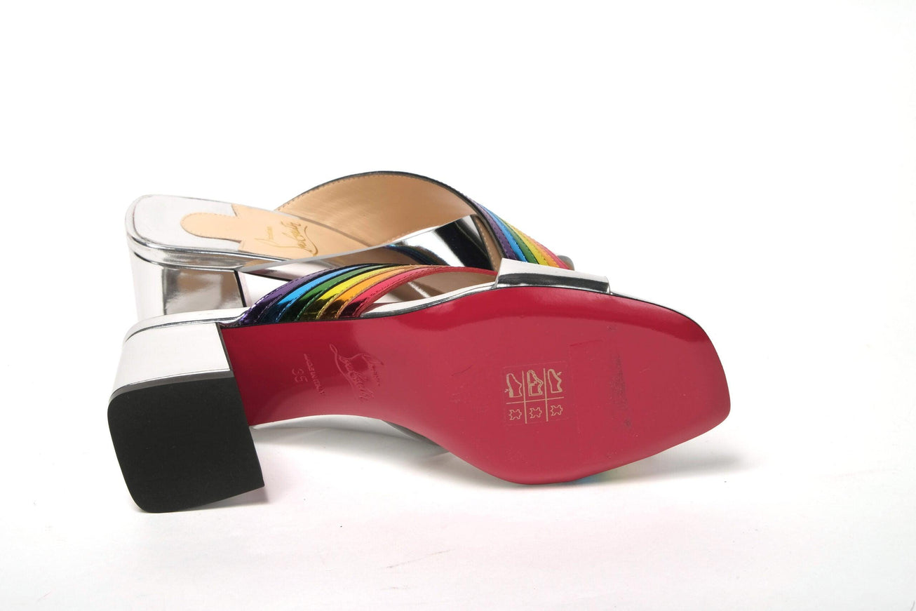 Christian Louboutin Silver Silver And Rainbow Stripe Mule Sandal - Ellie Belle