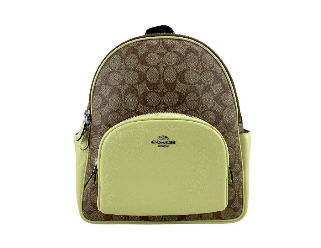 COACH (5671) Court Signature Leather Khaki/Pale Lime Medium Backpack Bookbag Bag - Ellie Belle