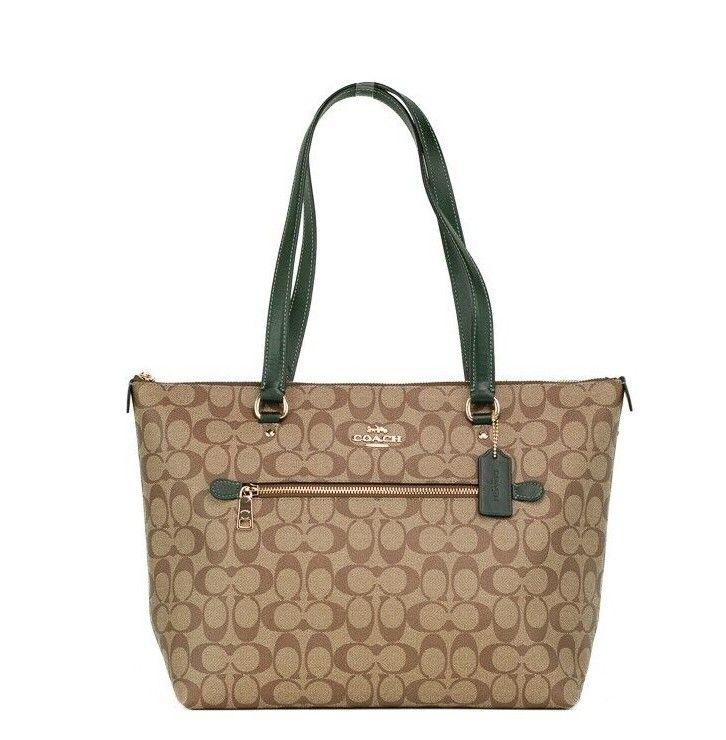COACH Signature Coated Canvas Khaki Amazon Green Leather Gallery Tote Bag - Ellie Belle