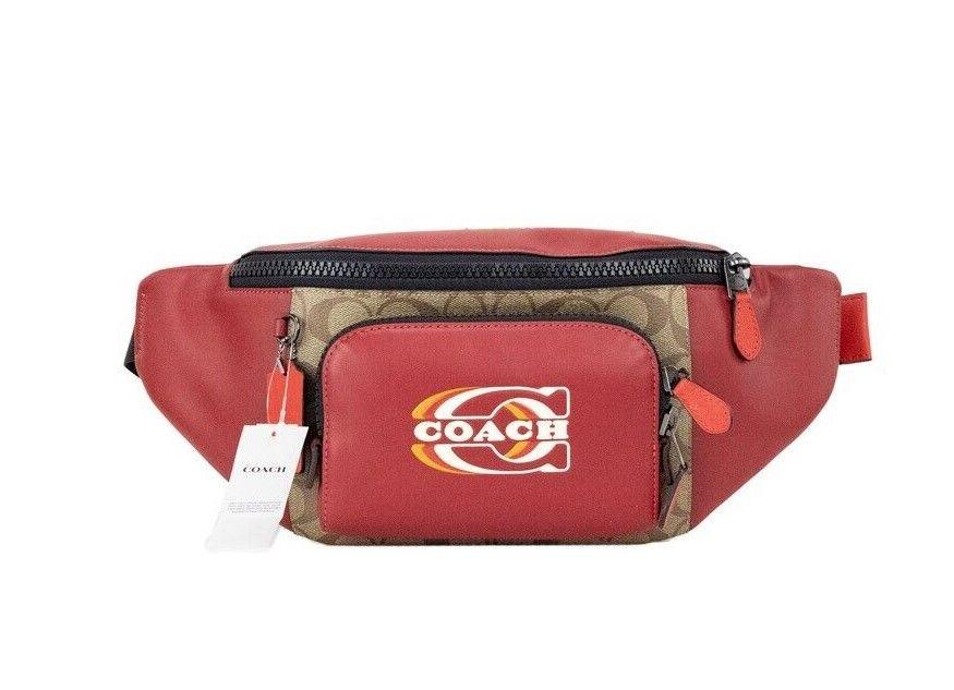 COACH Track Colorblock Khaki Coated Canvas Red Leather Stamp Belt Bag - Ellie Belle
