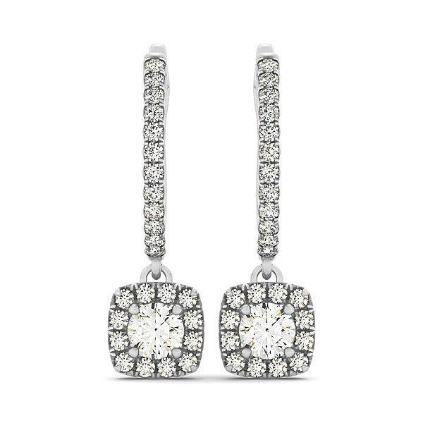 Cushion Shape Halo Style Diamond Drop Earrings in 14k White Gold (1/2 cttw) - Ellie Belle