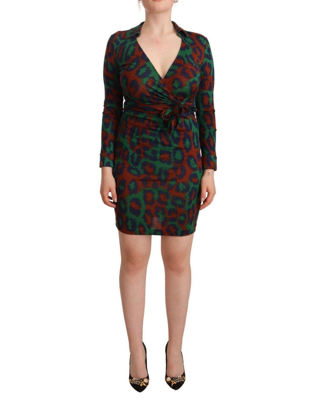 Diane Von Furstenberg Red Green Leopard Silk Jersey Mini Wrap Dress - Ellie Belle