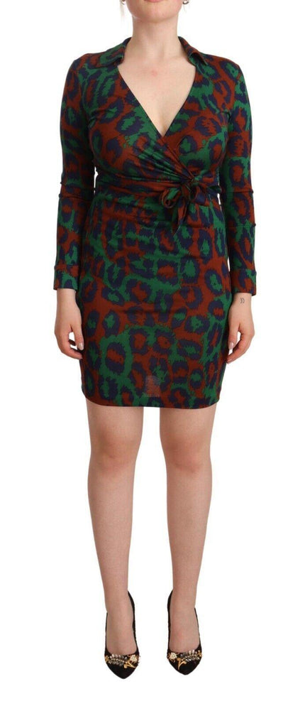 Diane Von Furstenberg Red Green Leopard Silk Jersey Mini Wrap Dress - Ellie Belle