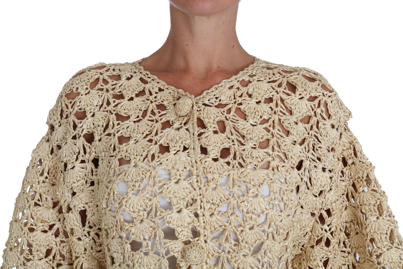 Dolce & Gabbana Beige Cardigan Crochet Knitted Raffia Sweater