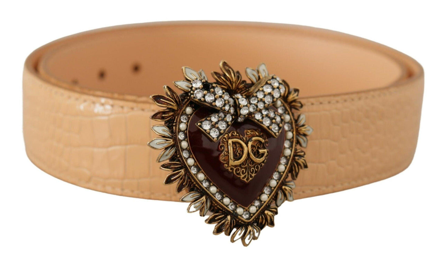 Dolce & Gabbana Beige Croc Pattern DEVOTION Heart DG Waist Buckle Belt - Ellie Belle