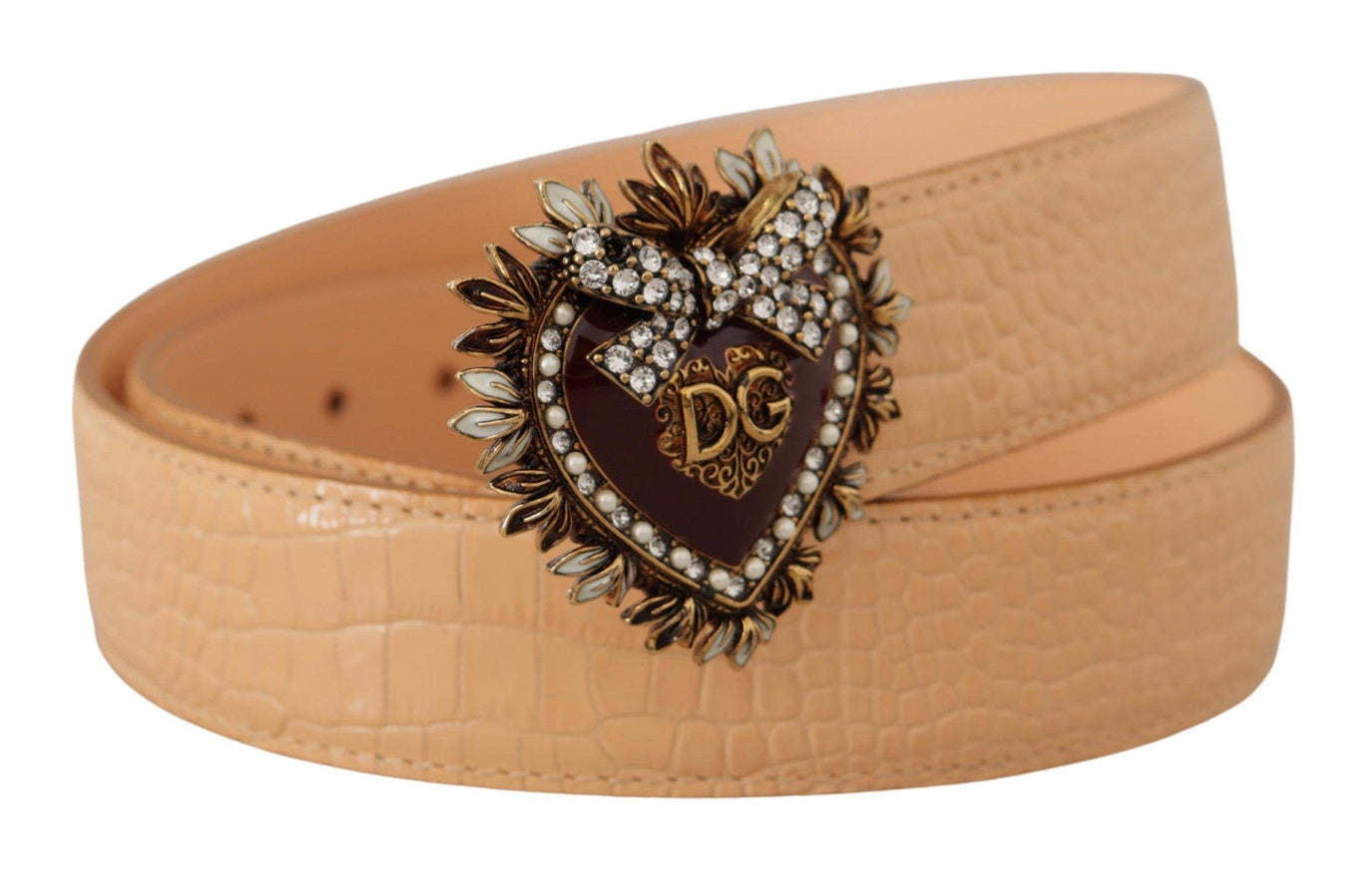 Dolce & Gabbana Beige Croc Pattern DEVOTION Heart DG Waist Buckle Belt - Ellie Belle