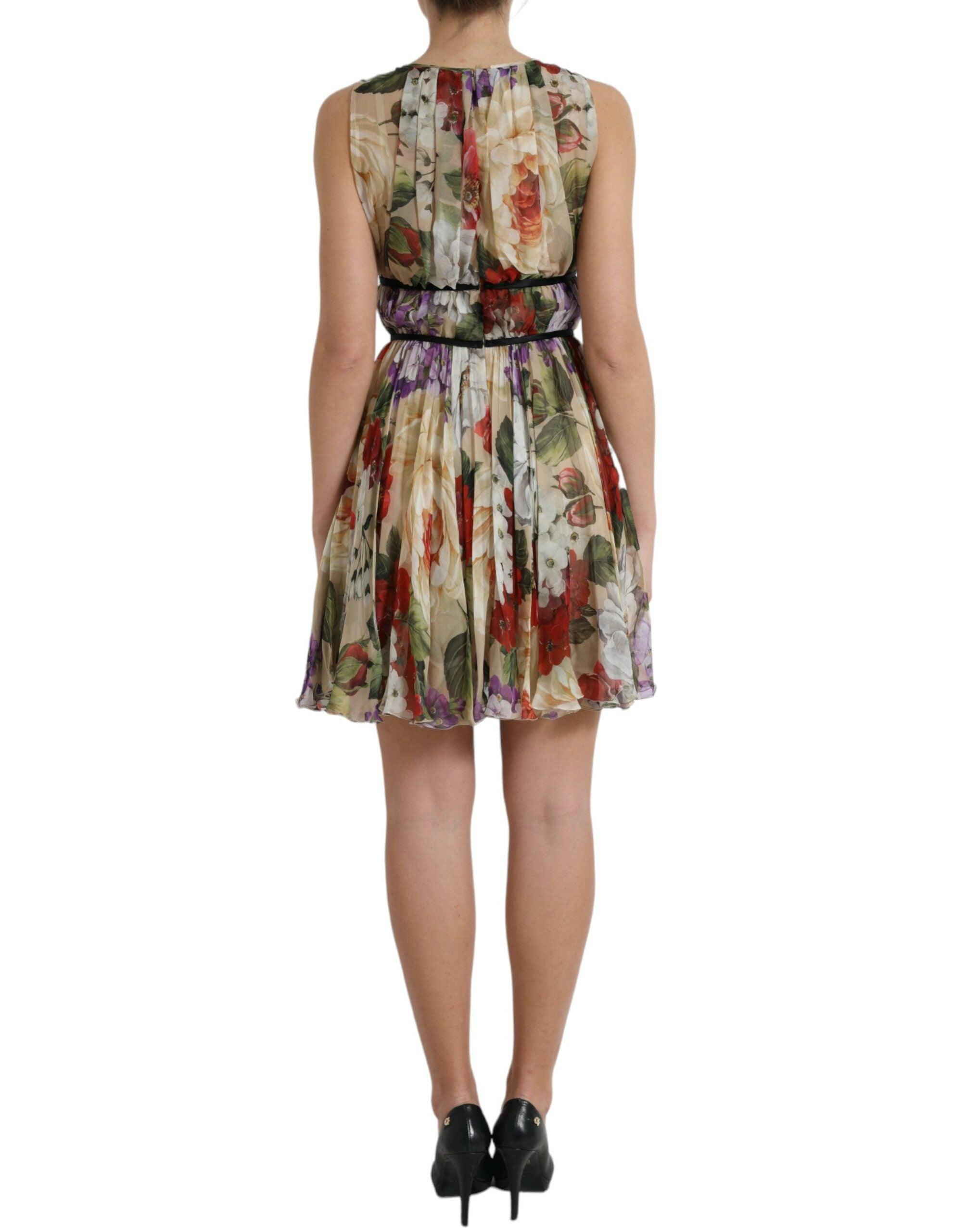 beige floral mini dress Dolce & Gabbana Floral Elegance Silk Chiffon Mini Dress IT42|M