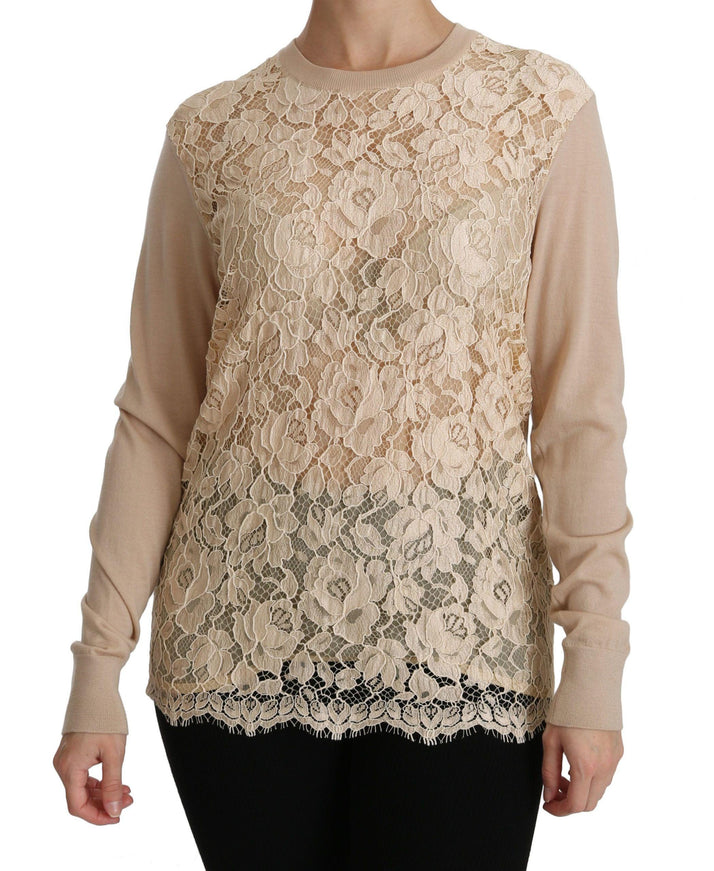 Dolce & Gabbana Beige Lace Long Sleeve Top Cashmere Blouse