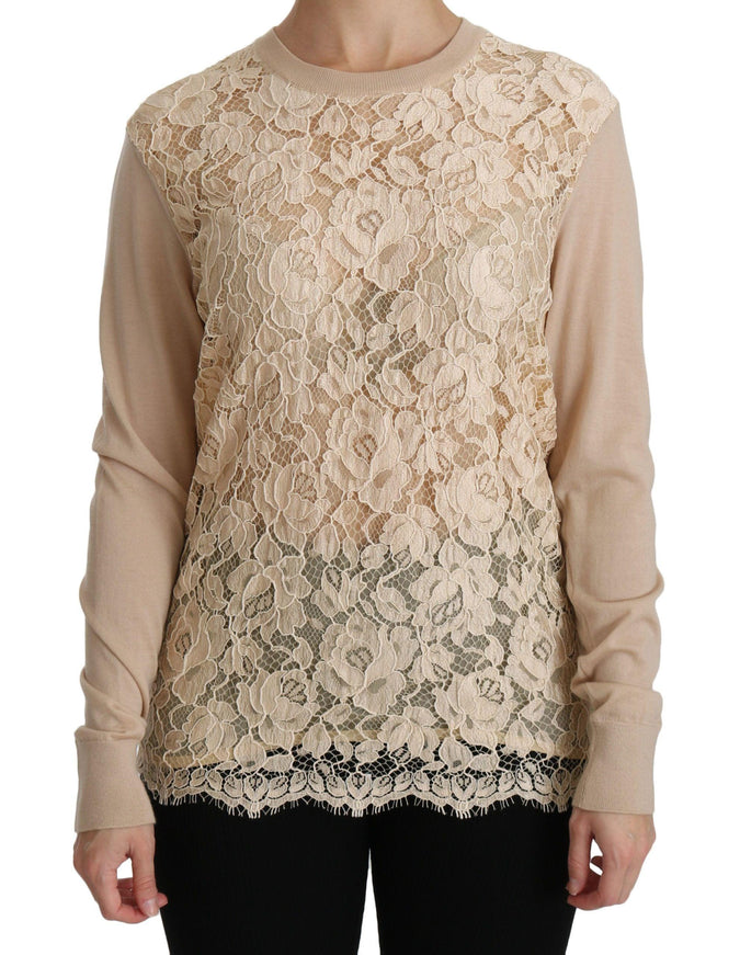 Dolce & Gabbana Beige Lace Long Sleeve Top Cashmere Blouse