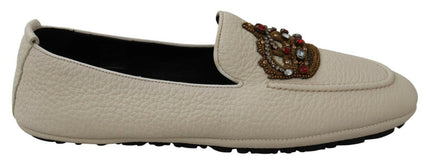 Dolce & Gabbana Beige Leather Crystal Crown Loafers Shoes - Ellie Belle