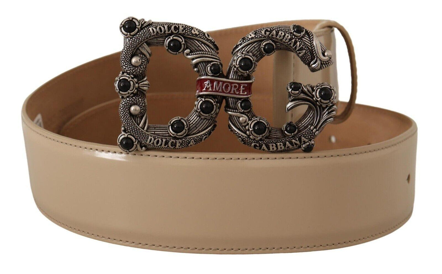 Dolce & Gabbana Beige Leather Silver Logo Buckle Amore Belt - Ellie Belle