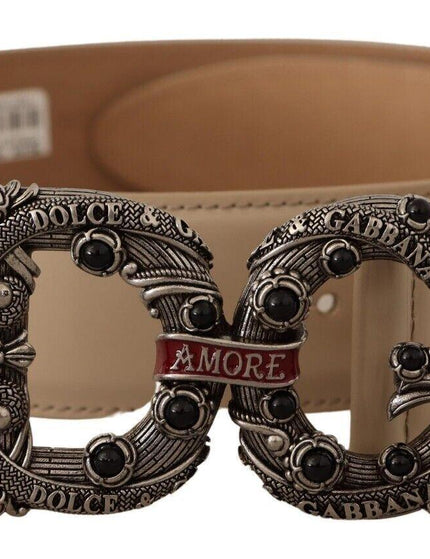 Dolce & Gabbana Beige Leather Silver Logo Buckle Amore Belt - Ellie Belle