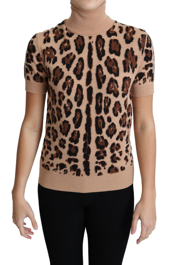 Dolce & Gabbana Beige Leopard Cashmere Print Turtleneck Top