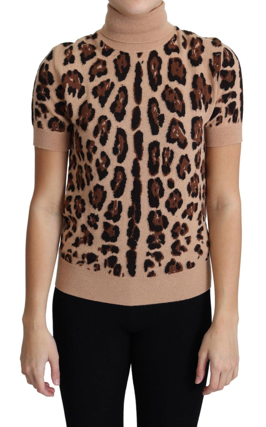 Dolce & Gabbana Beige Leopard Print Virgin Wool Turtleneck Top