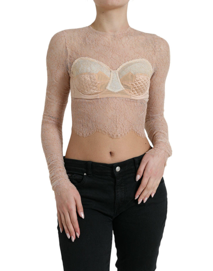 Dolce & Gabbana Beige Nylon Floral Lace Bustier Cropped Top - Ellie Belle