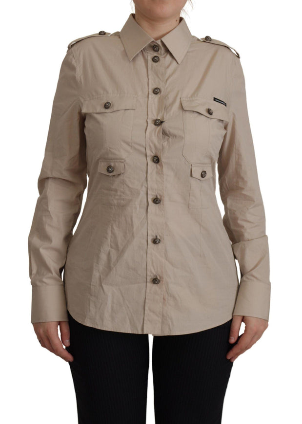 Dolce & Gabbana Beige Poplin Safari Fitted Pocket Collared Shirt - Ellie Belle