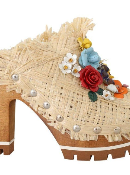 Dolce & Gabbana Beige Raffia Mules Floral Slides - Ellie Belle