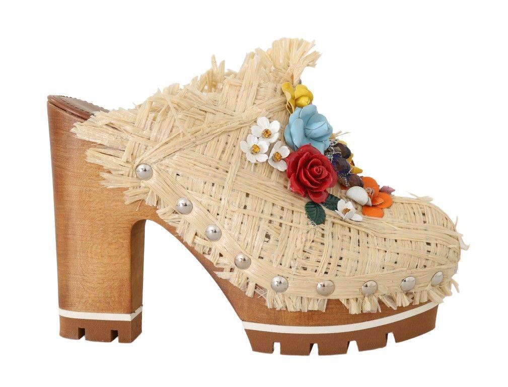 Dolce & Gabbana Beige Raffia Mules Floral Slides - Ellie Belle