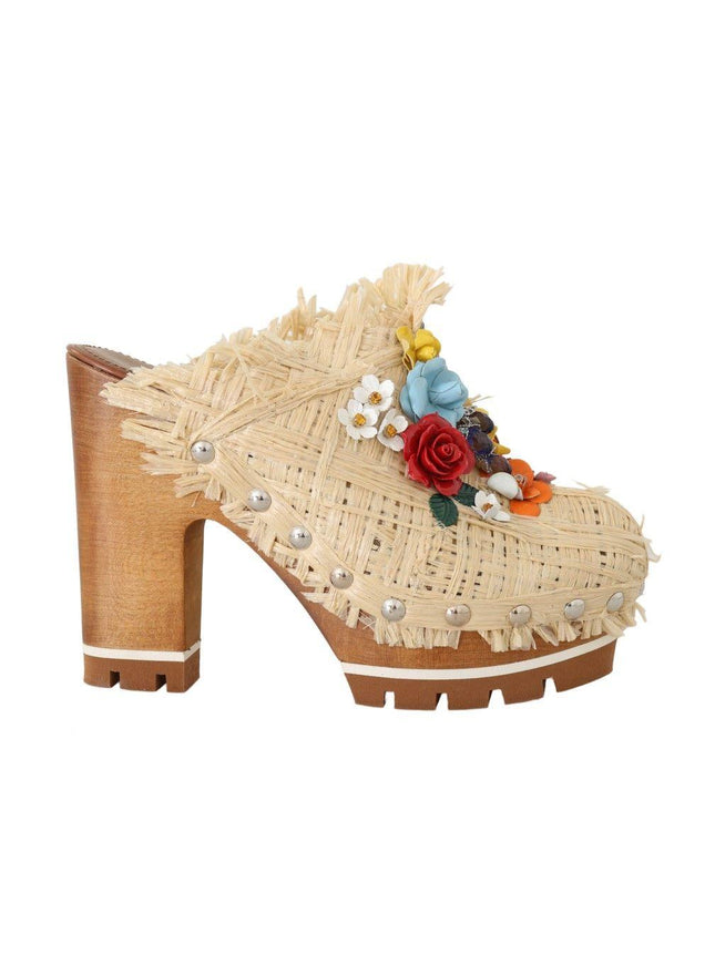 Dolce & Gabbana Beige Raffia Mules Floral Slides - Ellie Belle