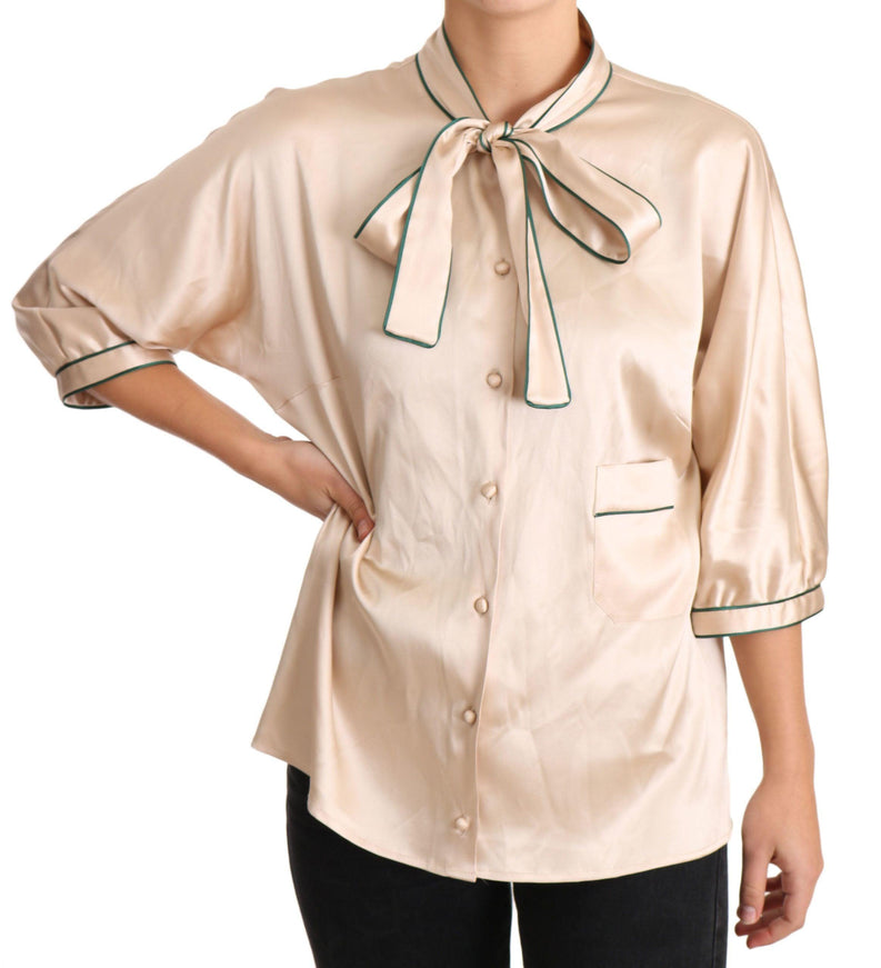 Dolce & Gabbana Beige Ribbon Silk Stretch Top Blouse