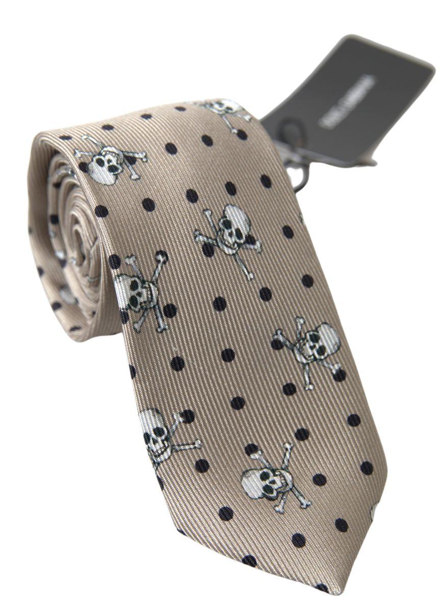 Dolce & Gabbana Beige Skull Cross Bone Print Adjustable Necktie Tie - Ellie Belle