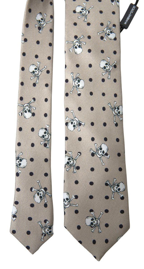 Dolce & Gabbana Beige Skull Cross Bone Print Adjustable Necktie Tie - Ellie Belle