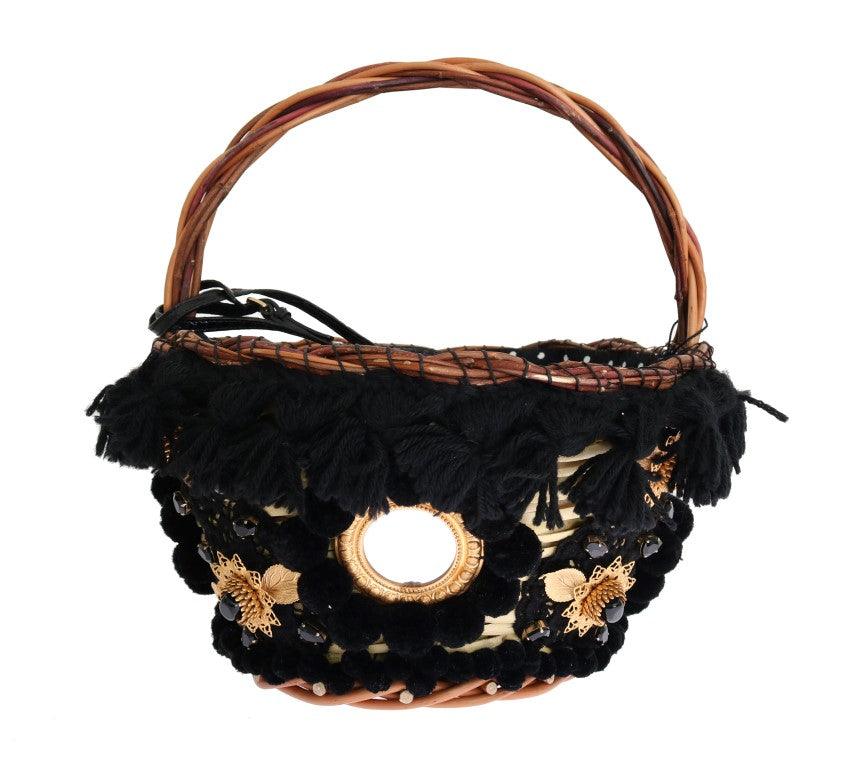 Dolce & Gabbana Beige Straw Snakeskin Pom Pom Crystal AGNESE Bag - Ellie Belle