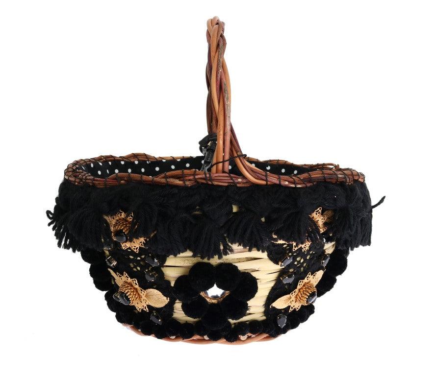 Dolce & Gabbana Beige Straw Snakeskin Pom Pom Crystal AGNESE Bag - Ellie Belle