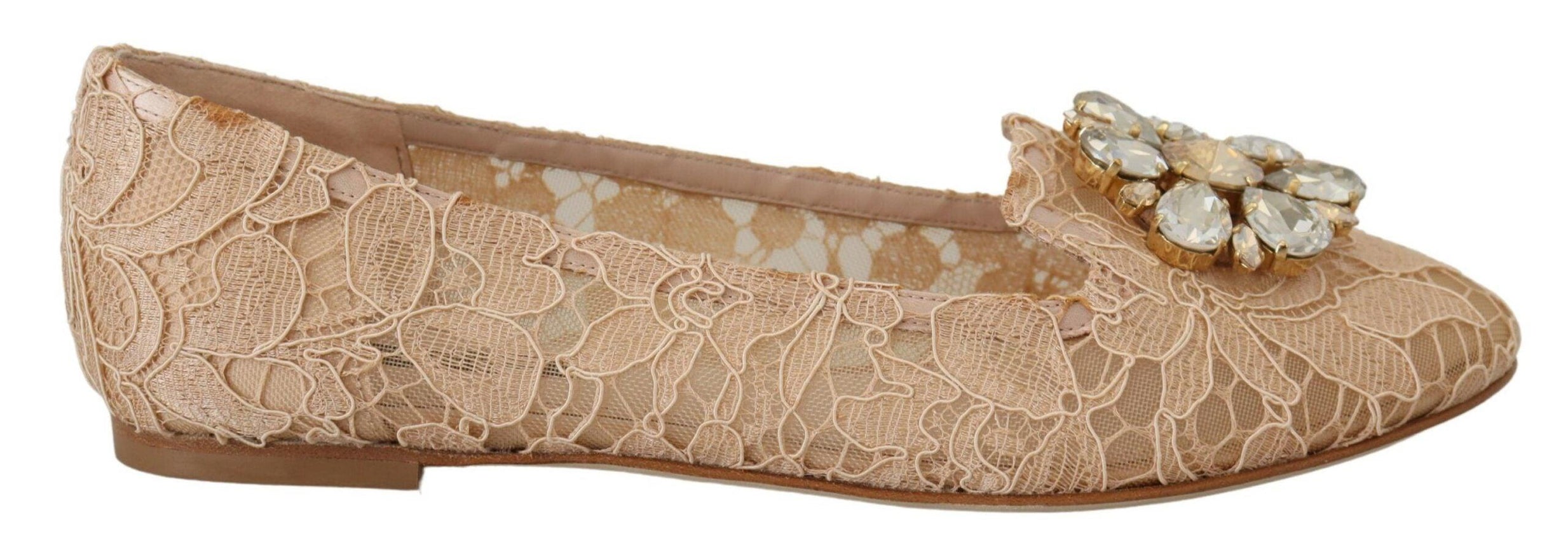 Dolce & Gabbana Beige Taormina Lace Crystals Ballet Flats Shoes - Ellie Belle