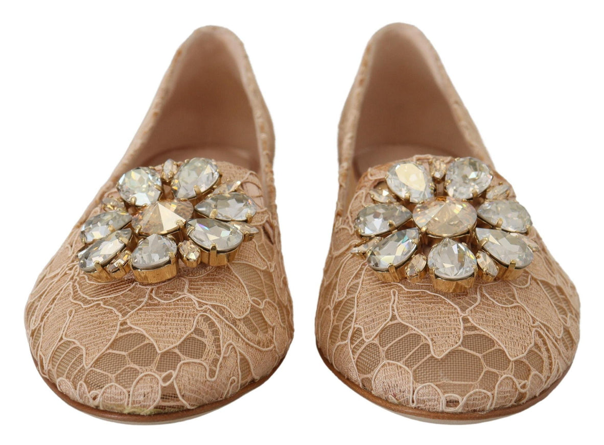 Dolce & Gabbana Beige Taormina Lace Crystals Ballet Flats Shoes - Ellie Belle