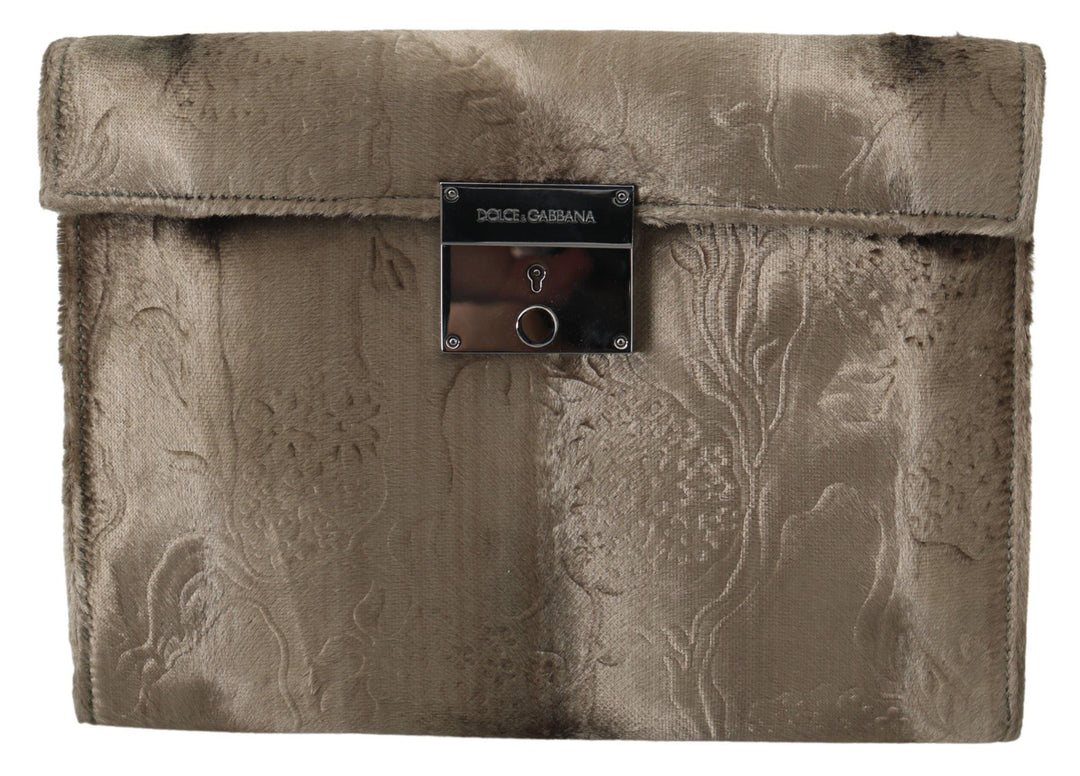 Dolce & Gabbana Beige Velvet Floral Leather Men Document Briefcase - Ellie Belle
