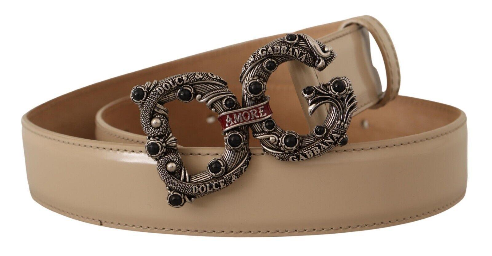 Dolce & Gabbana Belt Beige Leather Silver Logo Buckle Amore Belt - Ellie Belle