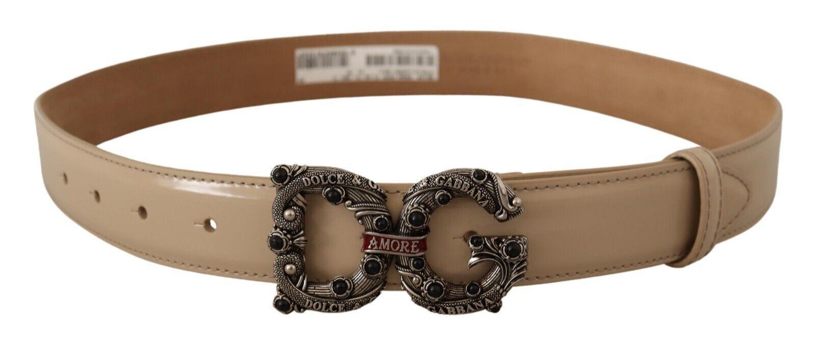 Dolce & Gabbana Belt Beige Leather Silver Logo Buckle Amore Belt - Ellie Belle