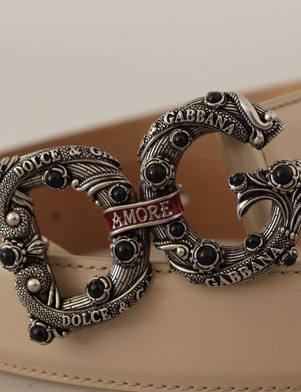 Dolce & Gabbana Belt Beige Leather Silver Logo Buckle Amore Belt - Ellie Belle